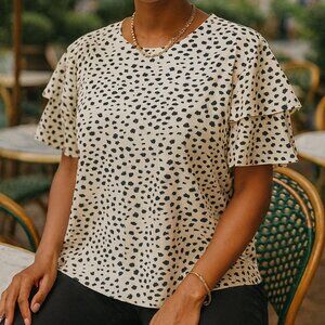 Gomorn Short Double Ruffle Sleeve Black White Pattern Round Collar Blouse